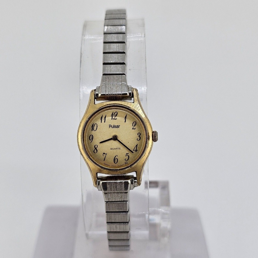 VTG Pulsar Women's Watch 20MM Gold Dial Gray Stretch Band 6" Wrist New Battery